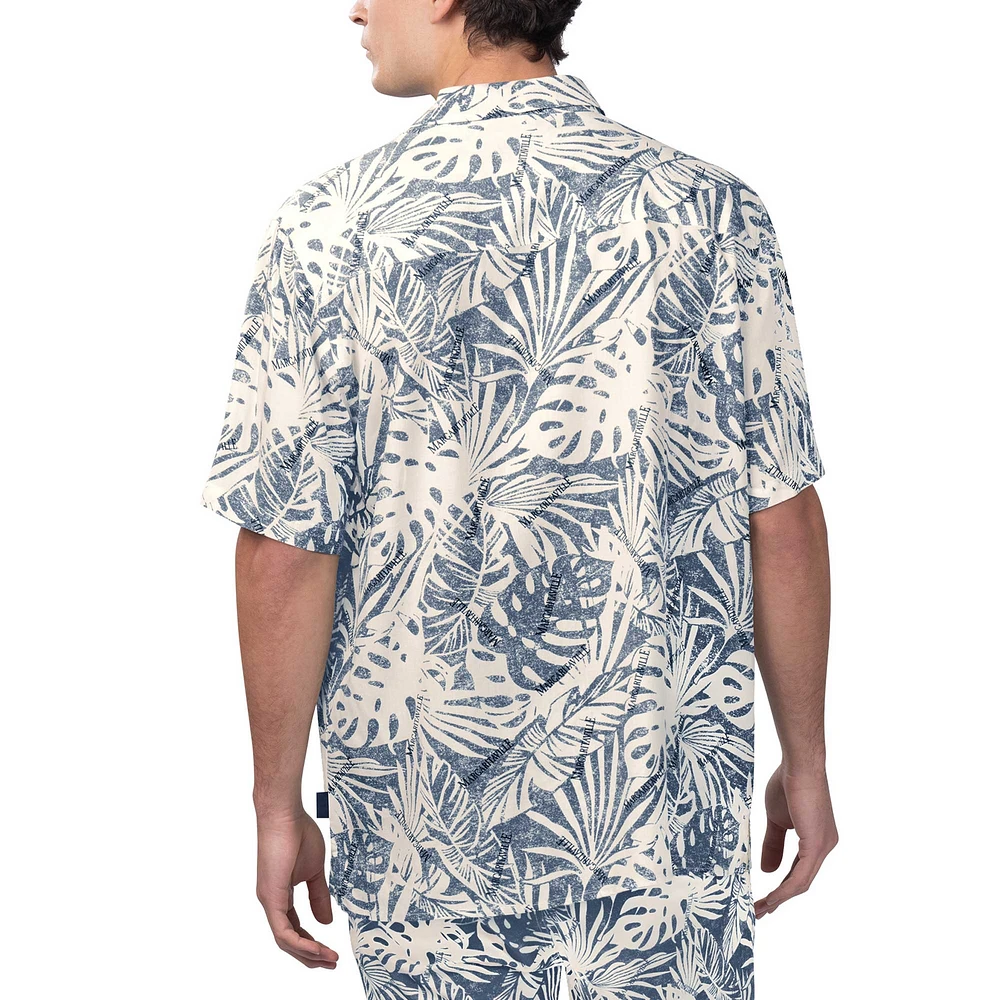 Chemise boutonnée de fête à imprimé Monstera des Atlanta Braves Margaritaville pour hommes, bleu marine