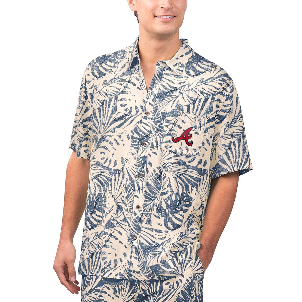 Chemise boutonnée de fête à imprimé Monstera des Atlanta Braves Margaritaville pour hommes, bleu marine