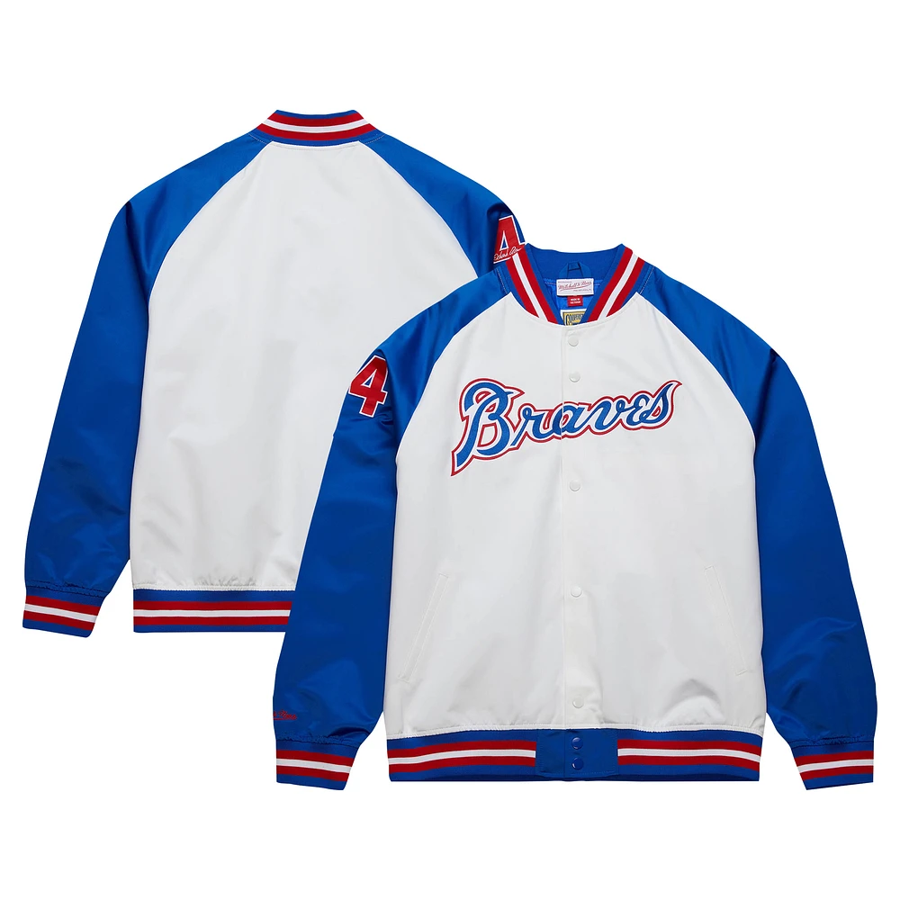 Mitchell & Ness Hank Aaron Blanc/Royal Atlanta Braves Cooperstown Collection Legends Veste légère en satin raglan à bouton-pression pour hommes