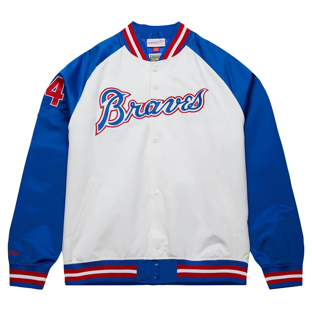 Men's Mitchell & Ness Hank Aaron White/Royal Atlanta Braves Cooperstown Collection Legends Lightweight Satin Raglan Full-Snap Jacket