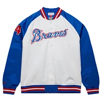 Men's Mitchell & Ness Hank Aaron White/Royal Atlanta Braves Cooperstown Collection Legends Lightweight Satin Raglan Full-Snap Jacket