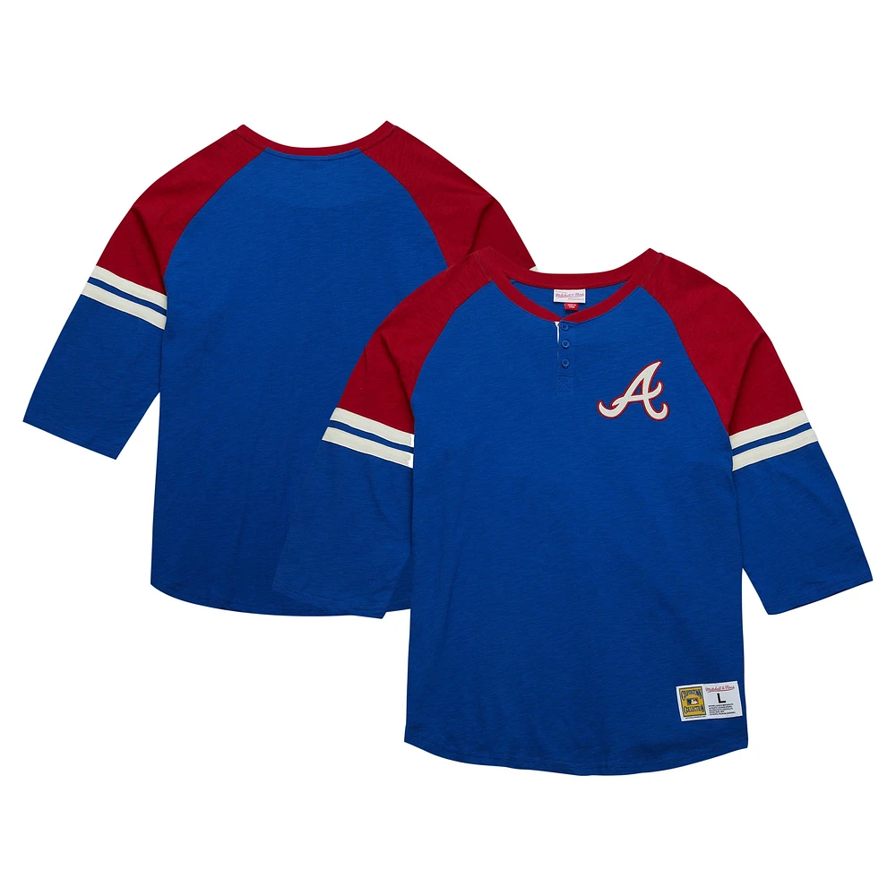 Mitchell & Ness Royal Atlanta Braves Cooperstown Collection Légendaire Raglan Slub Henley T-shirt à manches 3/4 pour hommes