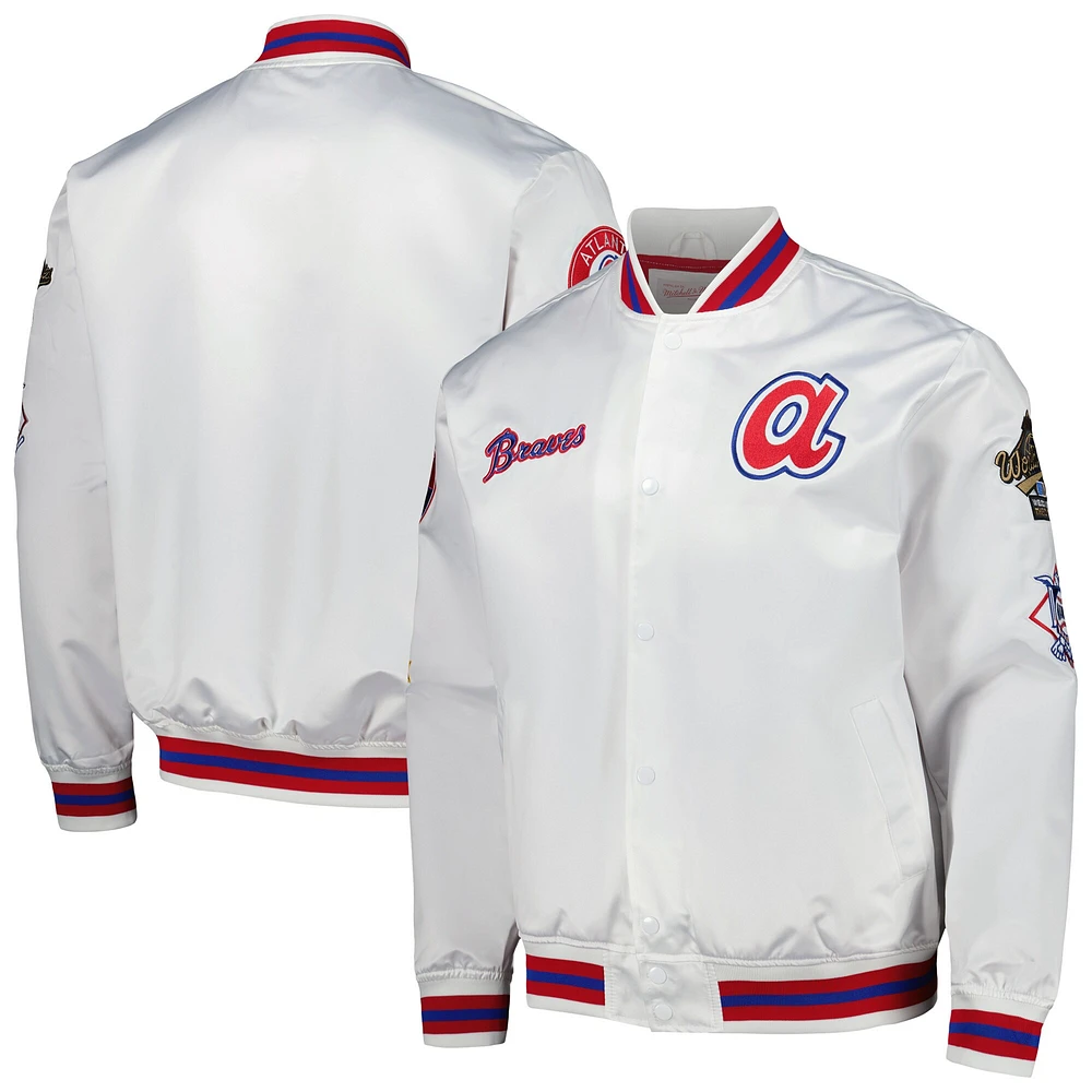 Men's Mitchell & Ness White Atlanta Braves City Collection Satin Full-Snap Varsity Jacket