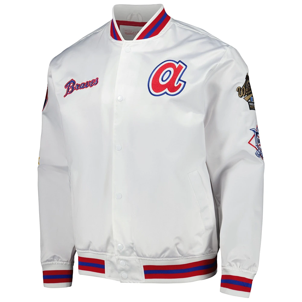 Men's Mitchell & Ness White Atlanta Braves City Collection Satin Full-Snap Varsity Jacket