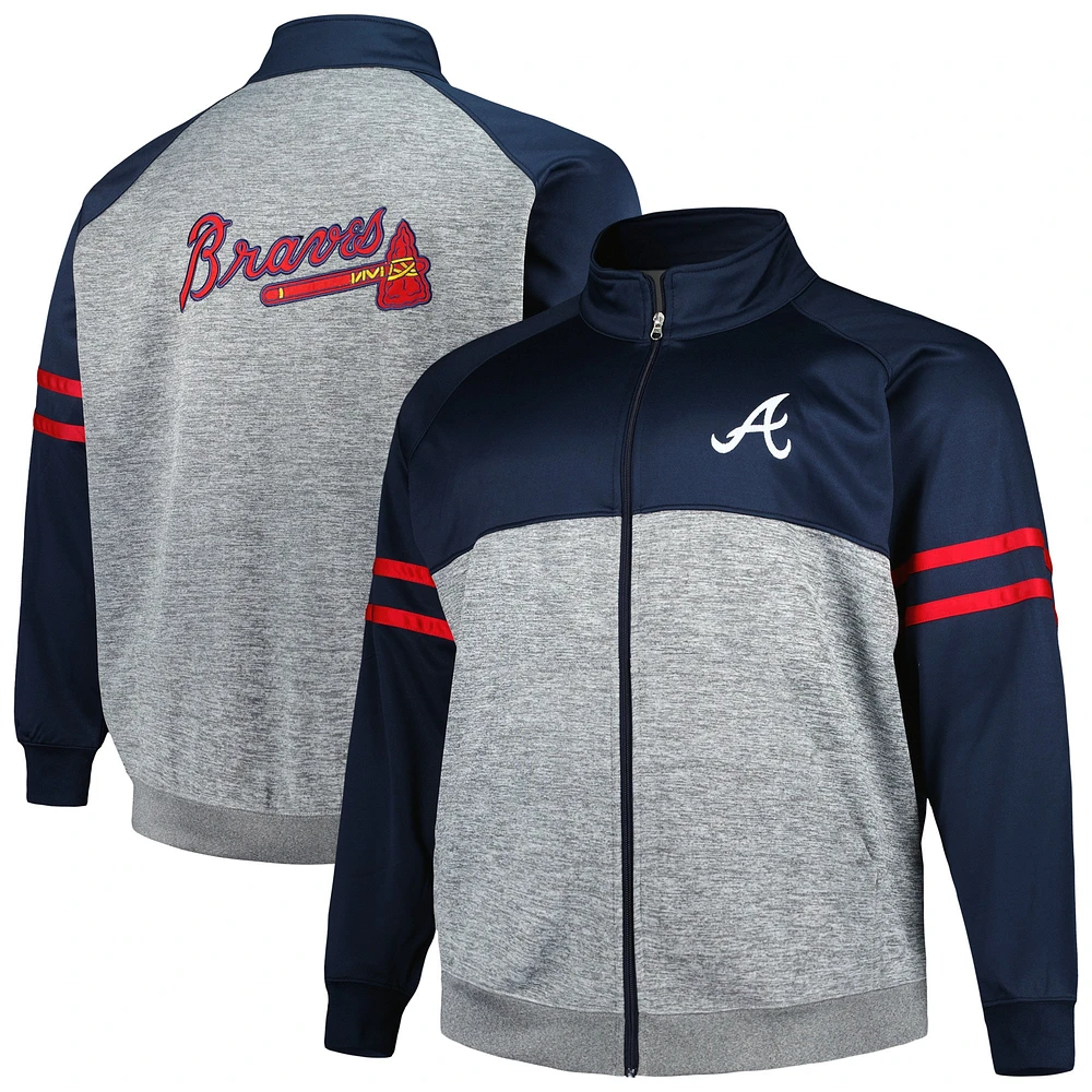 Veste de survêtement raglan à glissière pleine longueur Atlanta Braves bleu marine/gris chiné pour homme