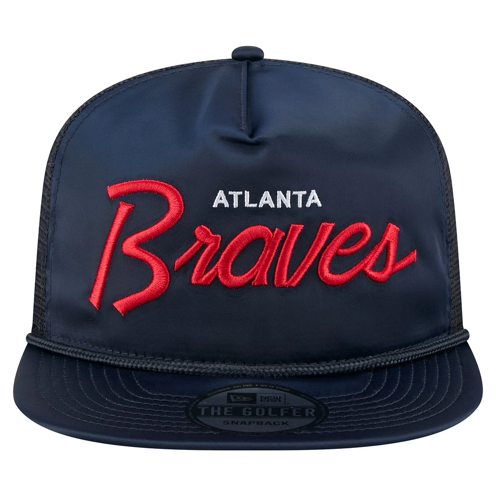 Men's New Era Navy Atlanta Braves Retro Satin Script Golfer Adjustable Hat