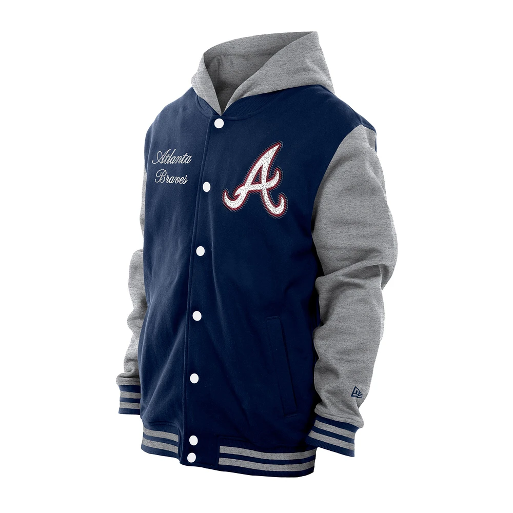 Veste à capuche en polaire bleu marine New Era pour homme, modèle Throwback Prep des Atlanta Braves