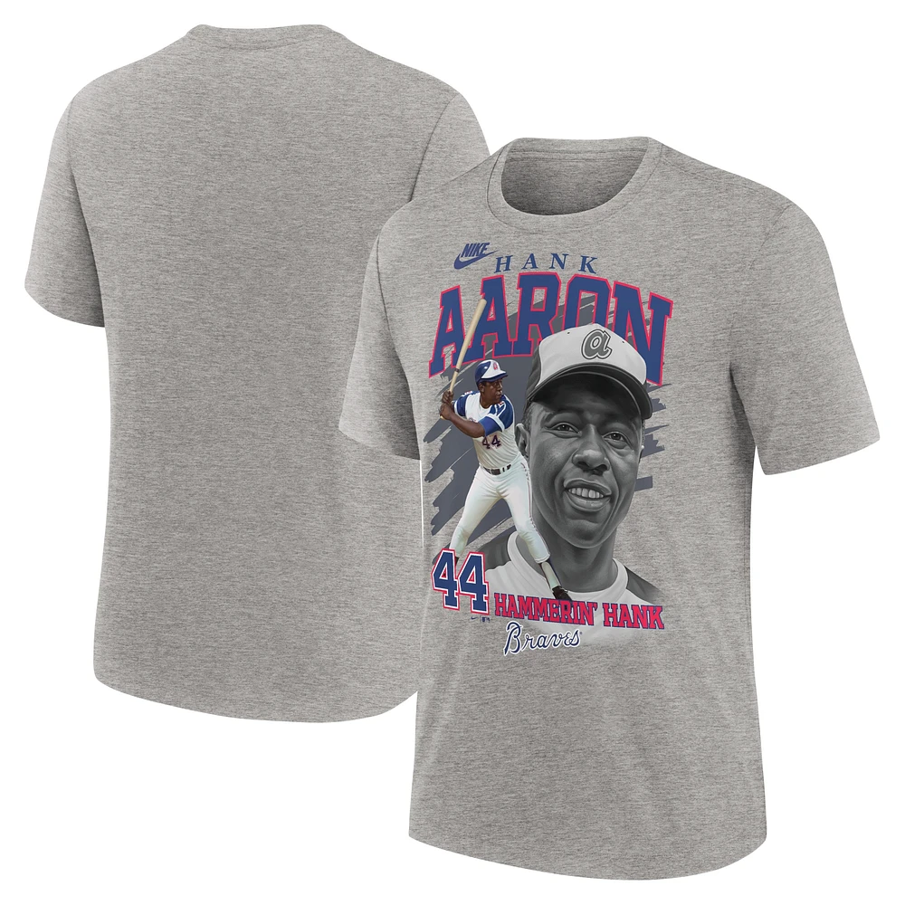 T-shirt Nike Hank Aaron Heather pour hommes, gris chiné, Atlanta Braves, Cooperstown Collection Player Local