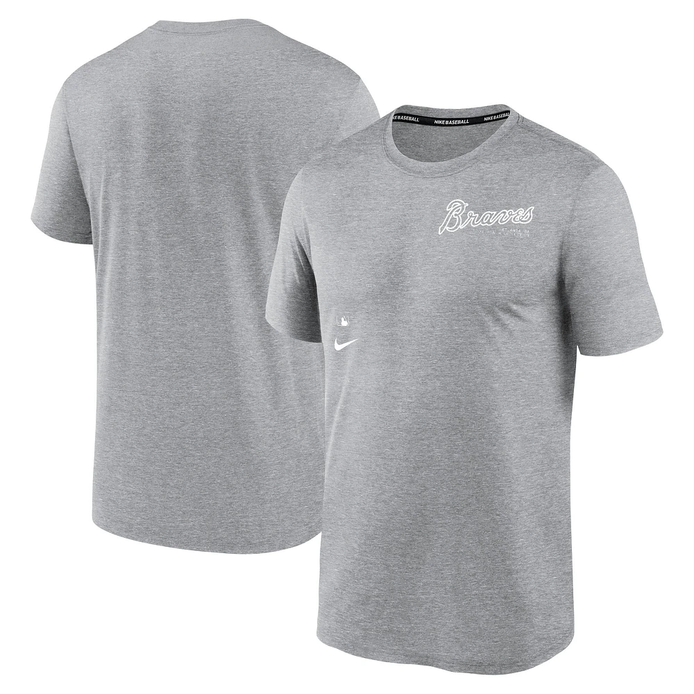 T-shirt de performance tri-mélangé Nike Heather Charcoal Atlanta Braves Authentic Collection pour hommes