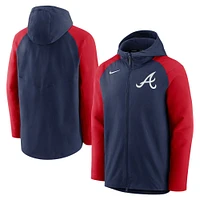 Sweat à capuche entièrement zippé Nike Atlanta Braves Authentic Collection Performance Raglan pour homme, bleu marine/rouge