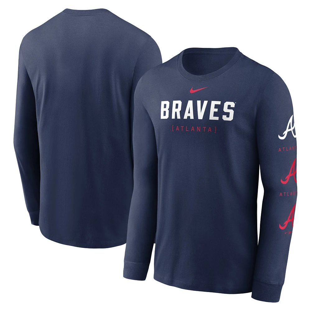 T-shirt à manches longues avec logo Nike des Atlanta Braves pour homme, bleu marine