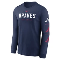 T-shirt à manches longues avec logo Nike des Atlanta Braves pour homme, bleu marine