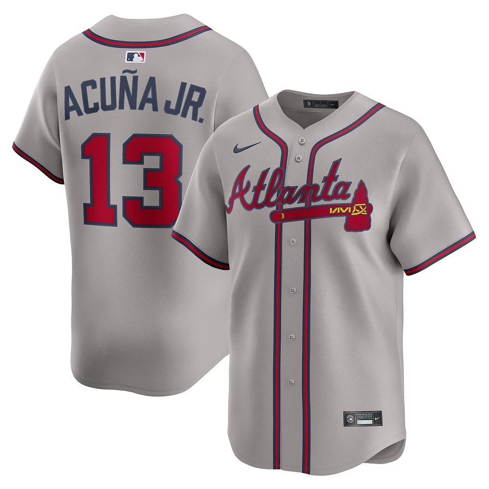 Maillot Nike Ronald Acuña Jr. pour homme, gris, Atlanta Braves Road Limited, joueur
