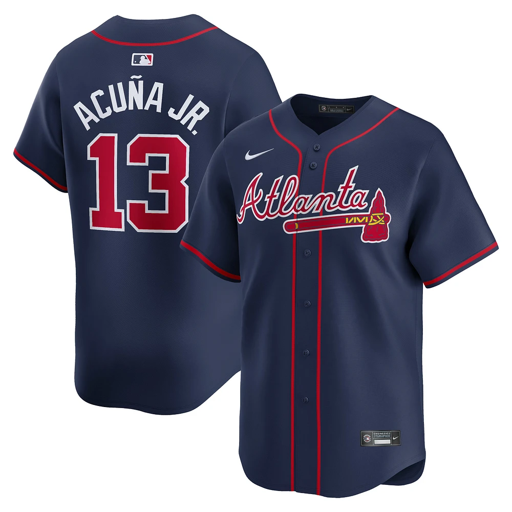 Maillot Nike Ronald Acuña Jr. pour homme, bleu marine, joueur alternatif des Braves d'Atlanta, limité