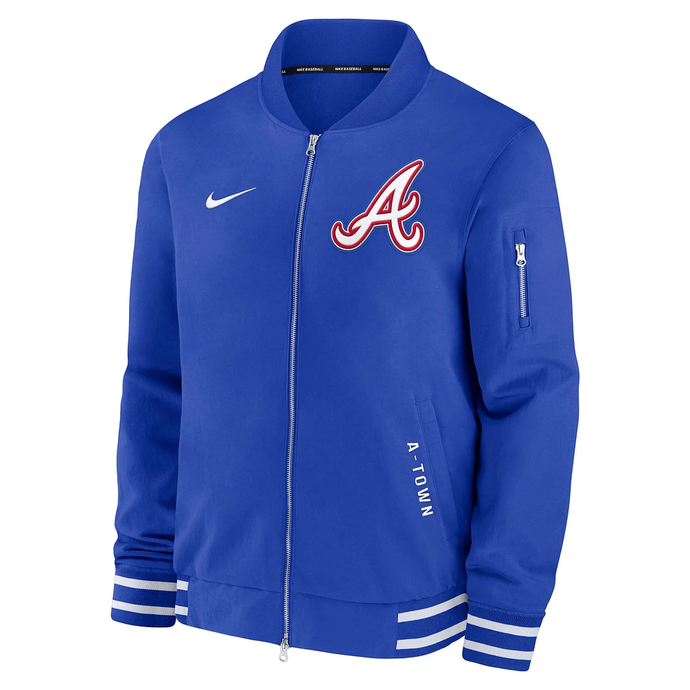 Veste aviateur entièrement zippée Nike Royal Atlanta Braves Authentic Collection City Connect pour homme