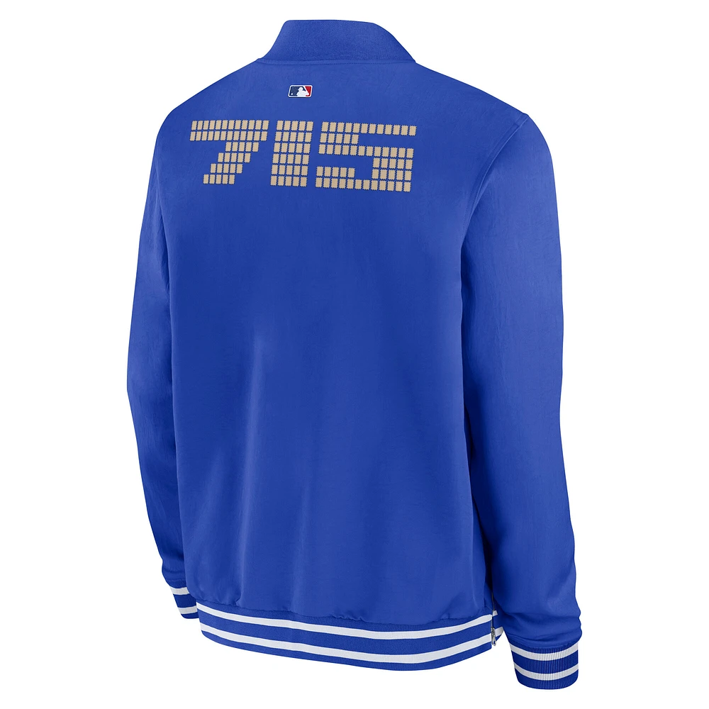 Veste aviateur entièrement zippée Nike Royal Atlanta Braves Authentic Collection City Connect pour homme