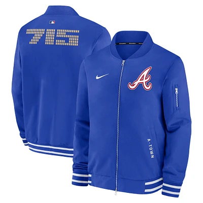 Veste aviateur entièrement zippée Nike Royal Atlanta Braves Authentic Collection City Connect pour homme