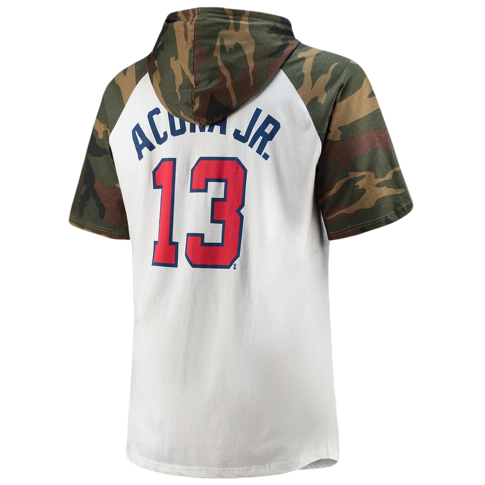 T-shirt à capuche raglan Ronald Acuna Jr. pour homme, blanc/camouflage Atlanta Braves Player Big & Tall