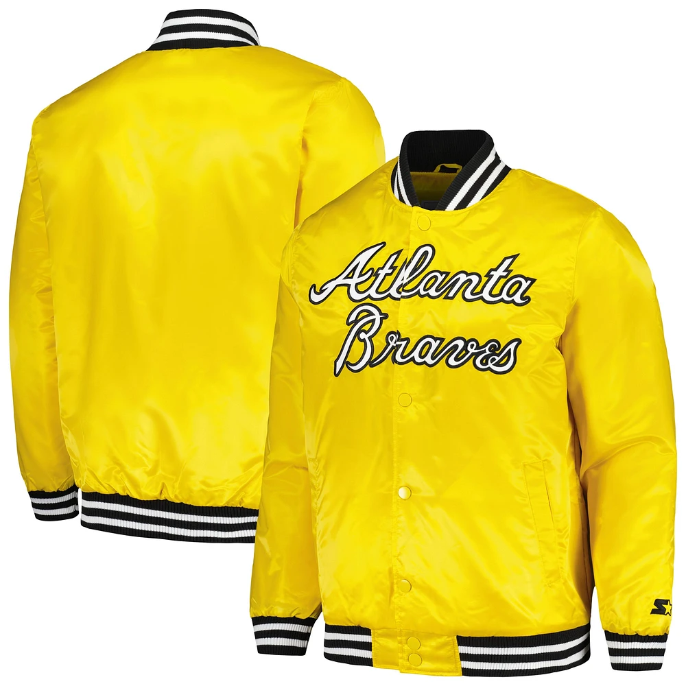 Veste universitaire en satin à bouton-pression pour hommes Starter Gold Atlanta Braves Cross Bronx