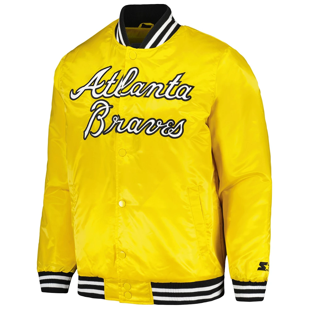 Veste universitaire en satin à bouton-pression pour hommes Starter Gold Atlanta Braves Cross Bronx