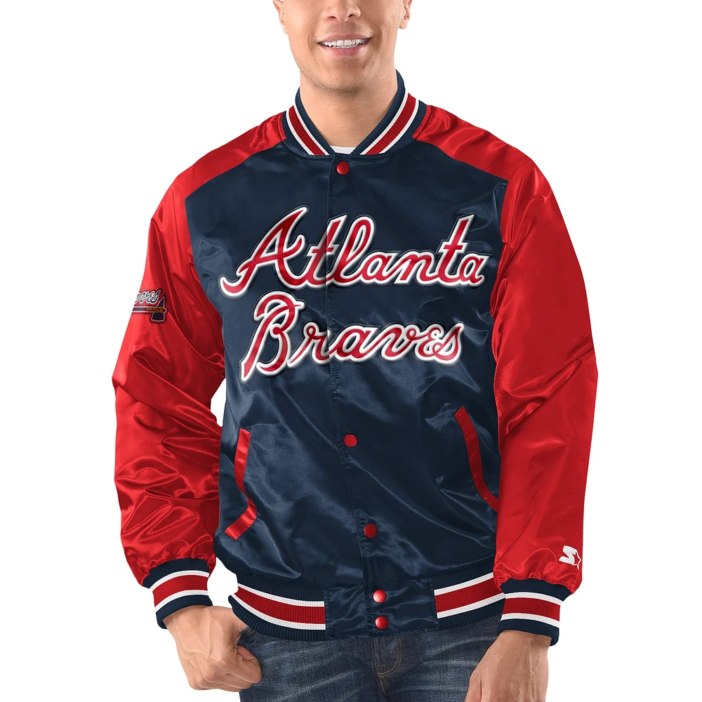 Veste Varsity Satin Full-Snap pour hommes Starter bleu marine/rouge Atlanta Braves