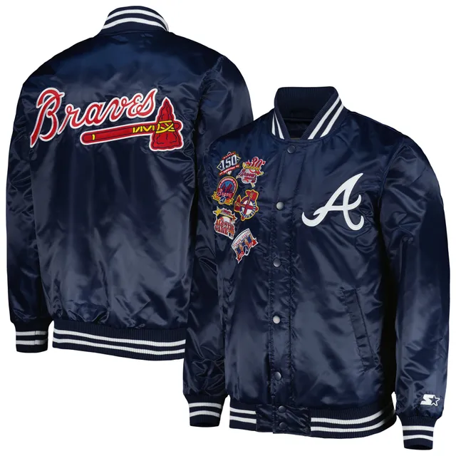 Men's Starter Navy/Red Atlanta Braves Reliever Varsity Satin Raglan  Full-Snap Jacket