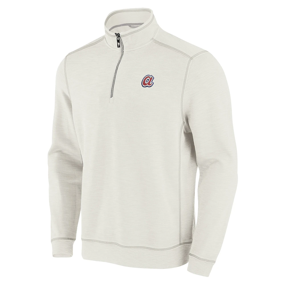 Men's Tommy Bahama Cream Atlanta Braves Sport Tobago Bay Tri-Blend Half-Zip Sweatshirt