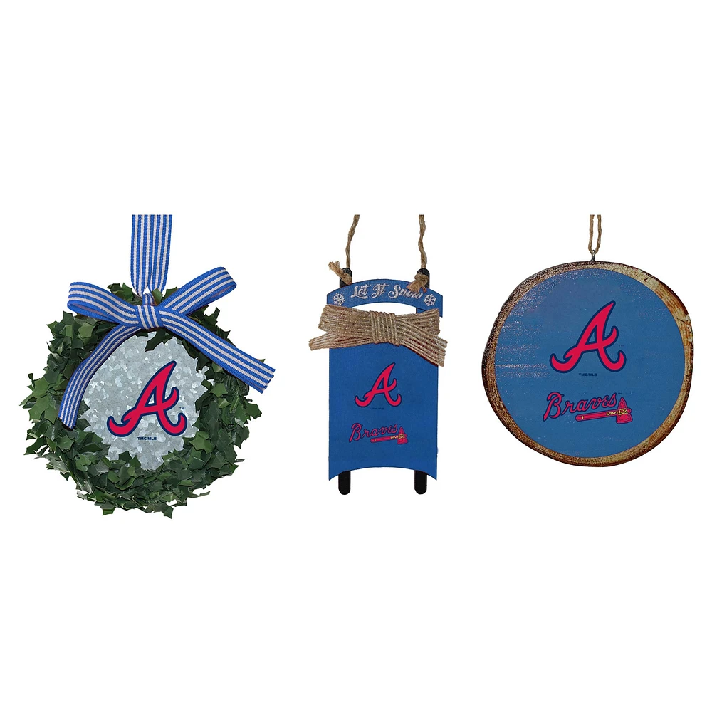 The Memory Company Atlanta Braves Three-Pack Wreath, Sled & Circle Ornament Set