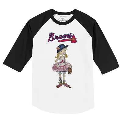 Women's Tiny Turnip White/Navy Atlanta Braves Stacked 3/4-Sleeve Raglan T-Shirt Size: Medium