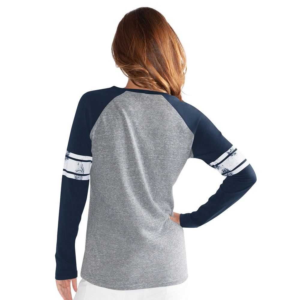 T-shirt à manches longues et col en V trois mélanges raglan G-III 4Her by Carl Banks pour femme, bleu marine
