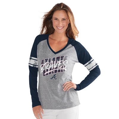 T-shirt à manches longues et col en V trois mélanges raglan G-III 4Her by Carl Banks pour femme, bleu marine