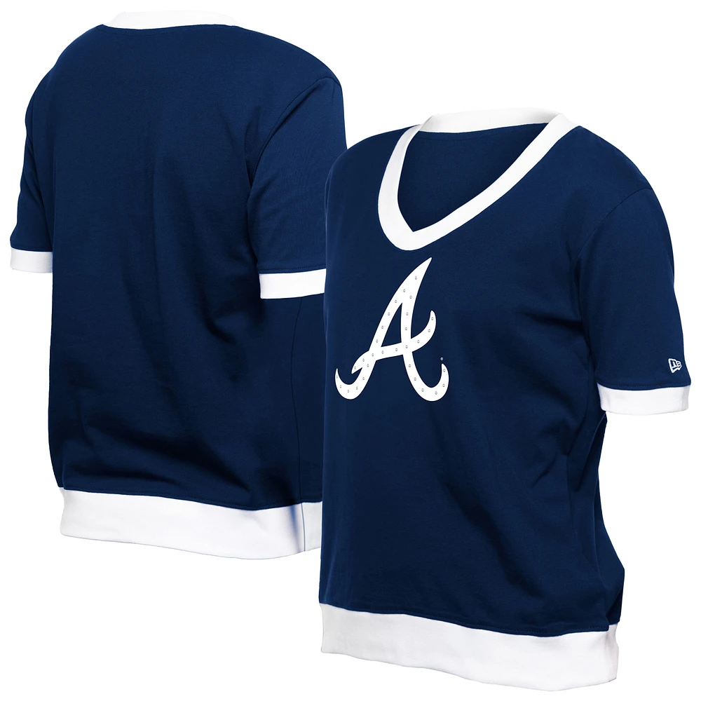 Women's New Era  Navy Atlanta Braves Game Day Rhinestone V-Neck T-Shirt
