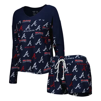 Atlanta Braves Concepts Sport Women's Breakthrough Allover Print Long Sleeve V-Neck T-Shirt & Shorts Sleep Set - Navy