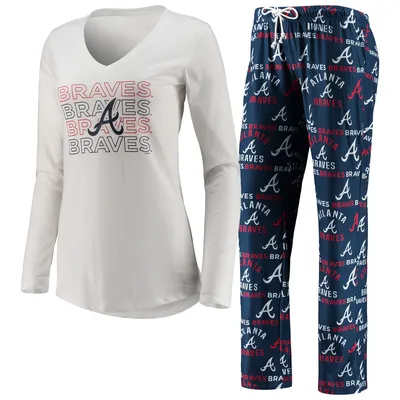 Atlanta Braves Concepts Sport Women's Flagship Long Sleeve V-Neck T-Shirt & Pants Sleep Set - White/Navy