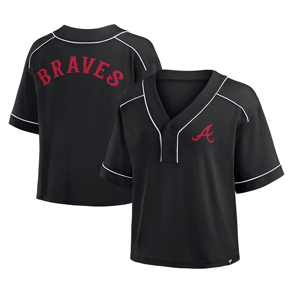T-shirt court à col en V surdimensionné noir Atlanta Braves pour femme