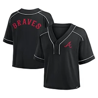T-shirt court à col en V surdimensionné noir Atlanta Braves pour femme