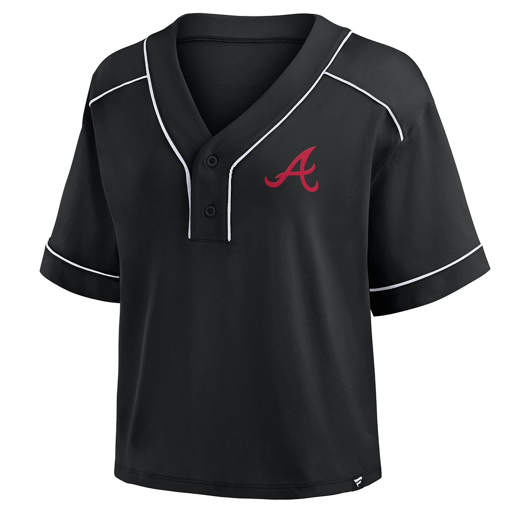 T-shirt court à col en V surdimensionné noir Atlanta Braves pour femme