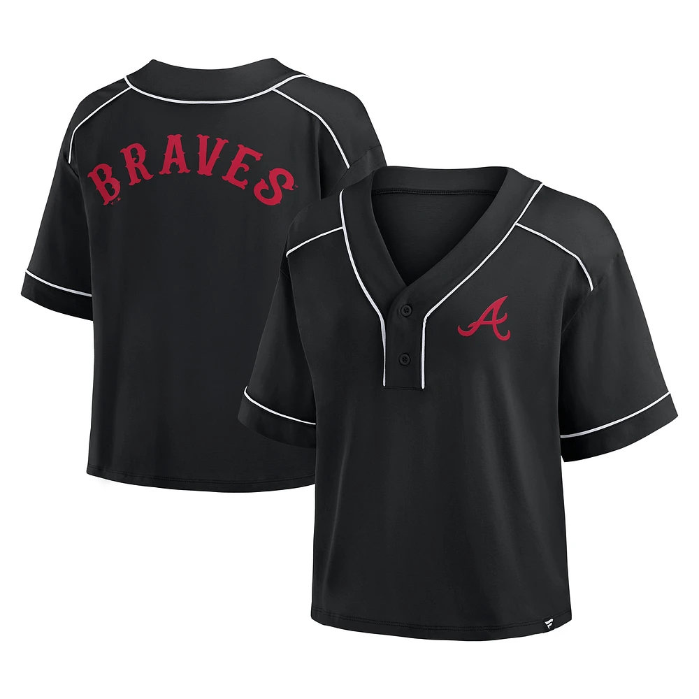 T-shirt court à col en V surdimensionné noir Atlanta Braves pour femme