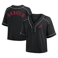 T-shirt court à col en V surdimensionné noir Atlanta Braves pour femme