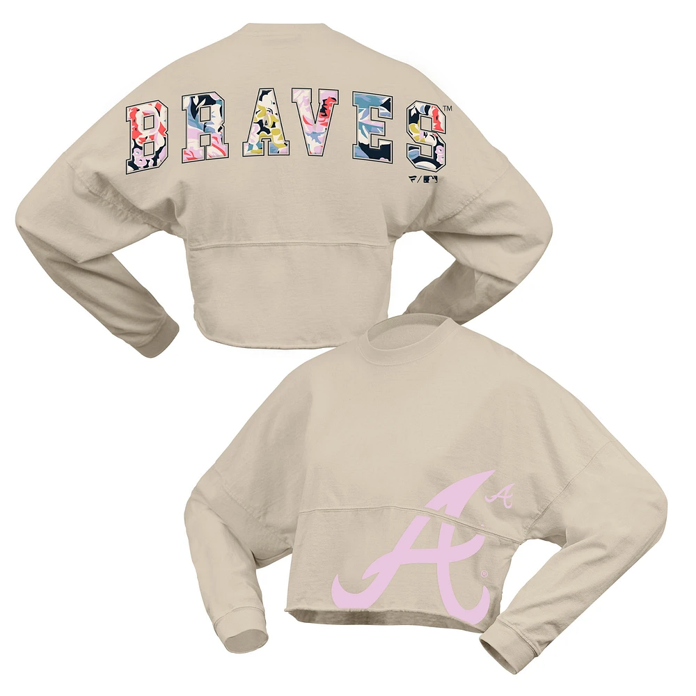 T-shirt court à manches longues et imprimé floral pour femme Fanatics Crème des Braves d'Atlanta