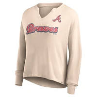 Women's Fanatics Cream Atlanta Braves Go For It Waffle Knit Long Sleeve Notch Neck T-Shirt