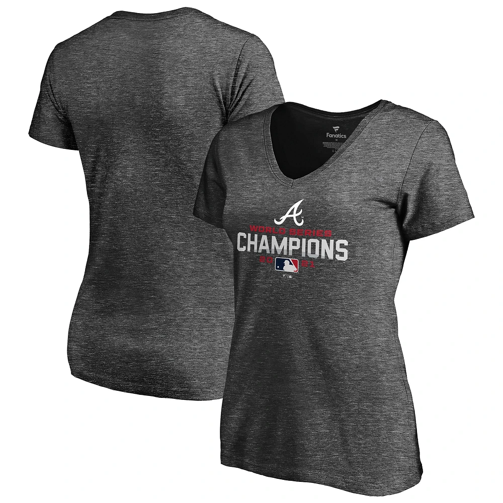 Women's Fanatics Heathered Charcoal Atlanta Braves 2021 World Series Champions V-Neck T-Shirt