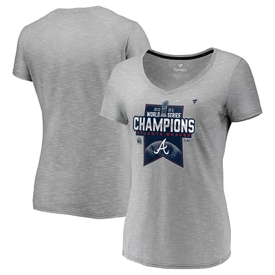 T-shirt à col en V pour femmes Fanatics Heathered Grey Atlanta Braves 2021 World Series Champions Locker Room