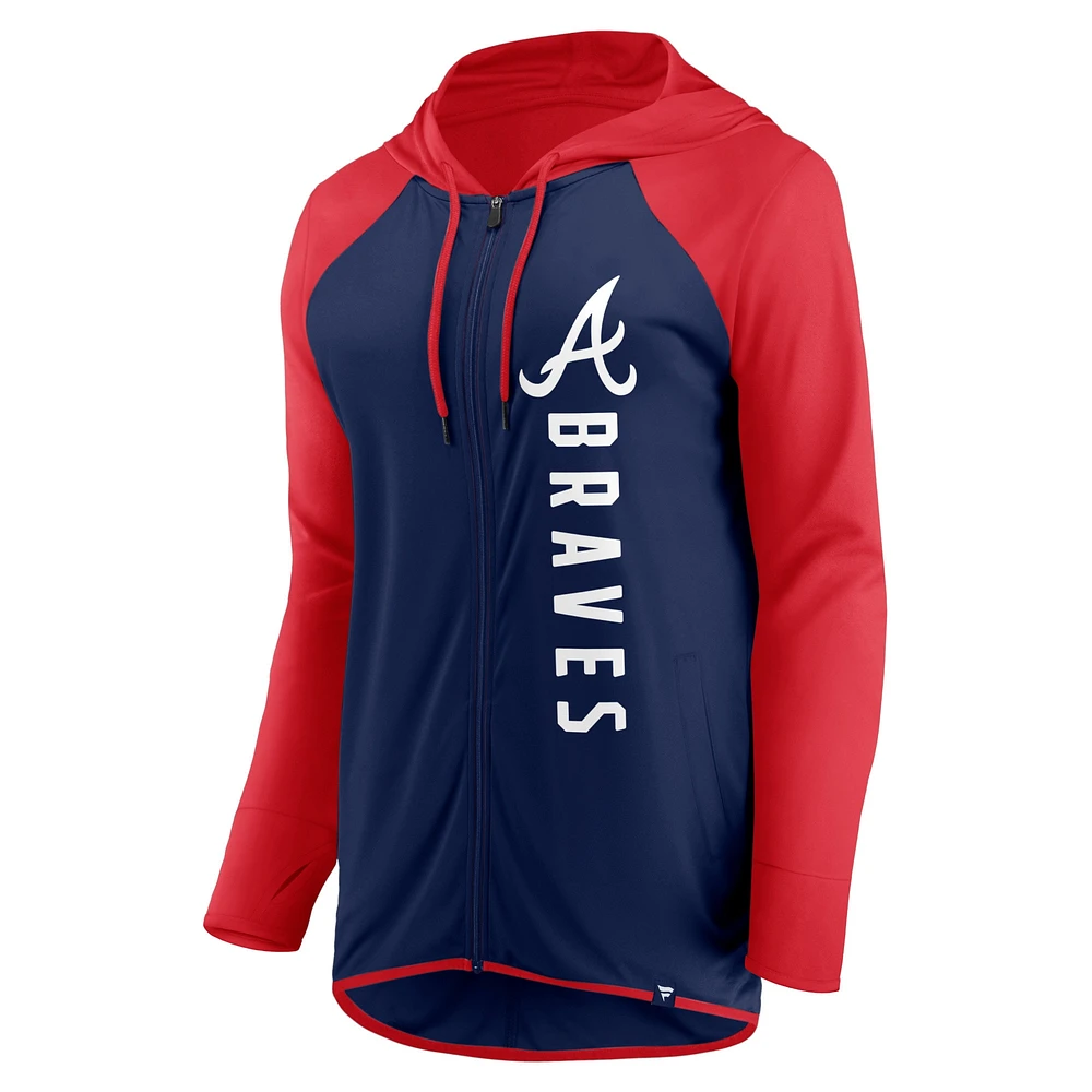 Veste à capuche entièrement zippée Fanatics pour femmes, bleu marine/rouge, Atlanta Braves Forever Fan