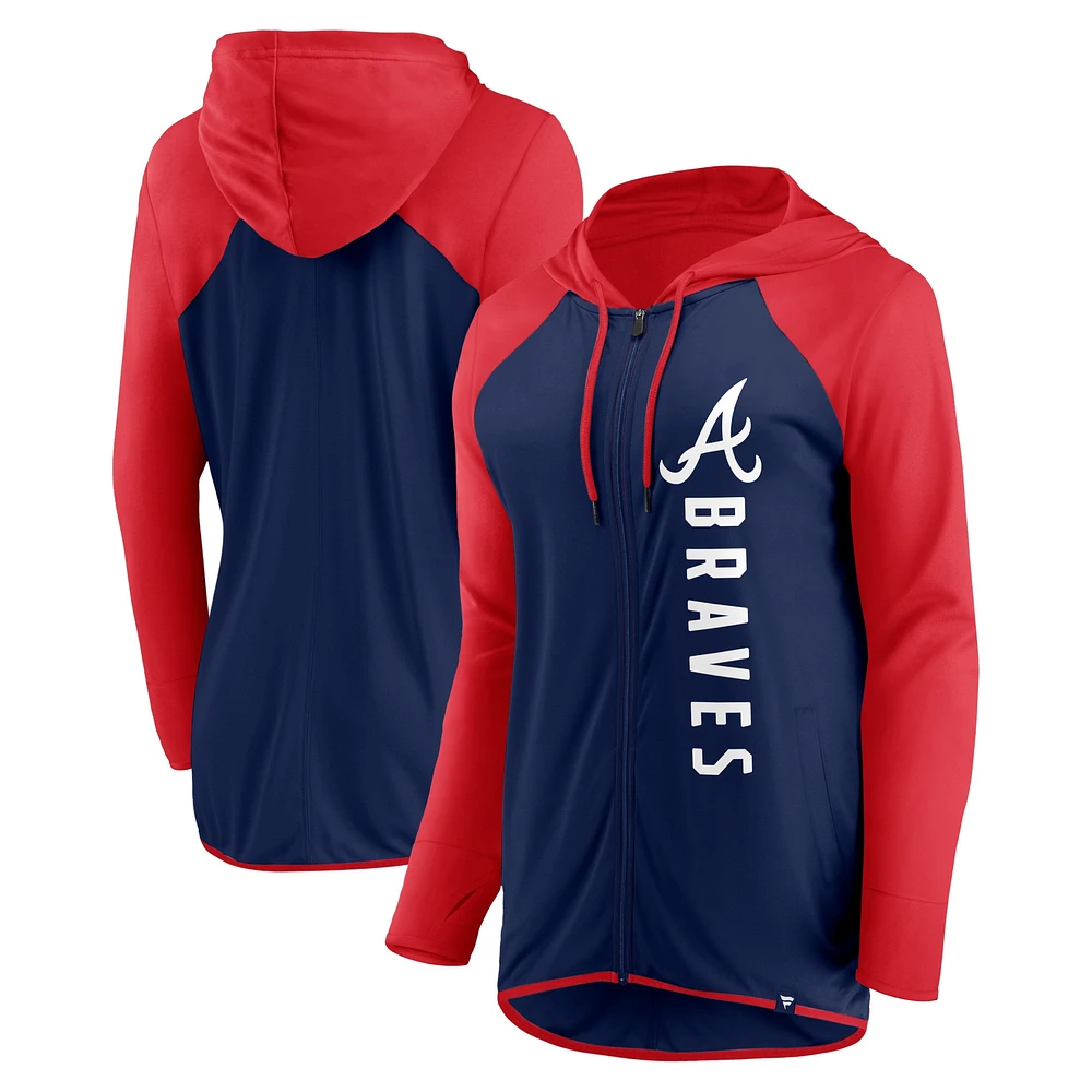 Veste à capuche entièrement zippée Fanatics pour femmes, bleu marine/rouge, Atlanta Braves Forever Fan