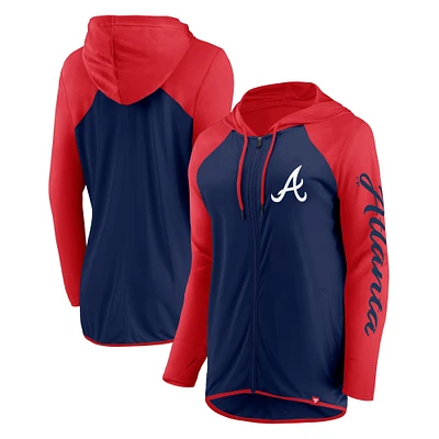 Sweat à capuche entièrement zippé manches longues Fanatics bleu marine/rouge Atlanta Braves pour femme