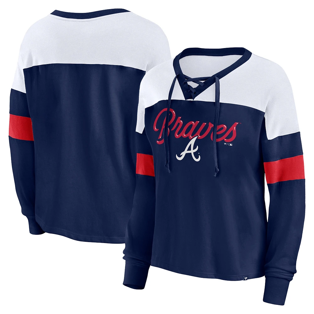 T-shirt à manches longues et col en V lacets Fanatics pour femmes, bleu marine/blanc, Atlanta Braves Even Match