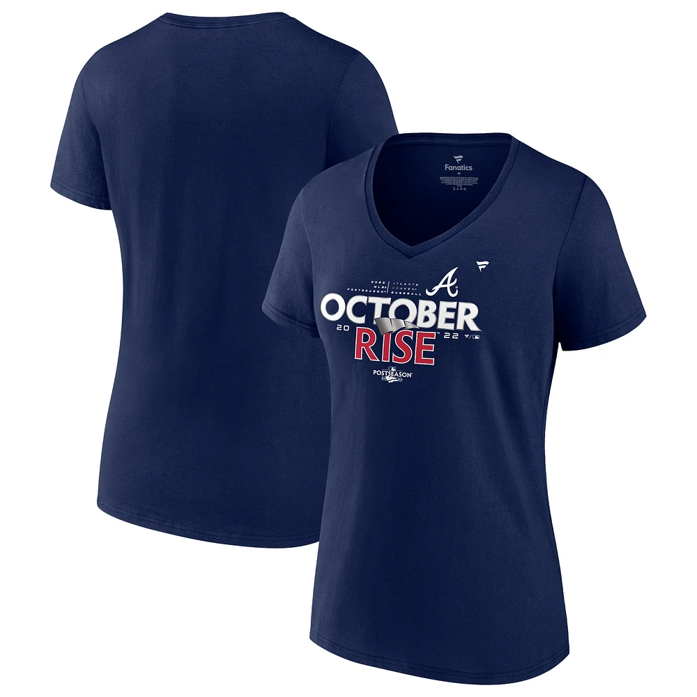 T-shirt à col en V pour femmes Fanatics Navy Atlanta Braves 2022 Post-saison Locker Room