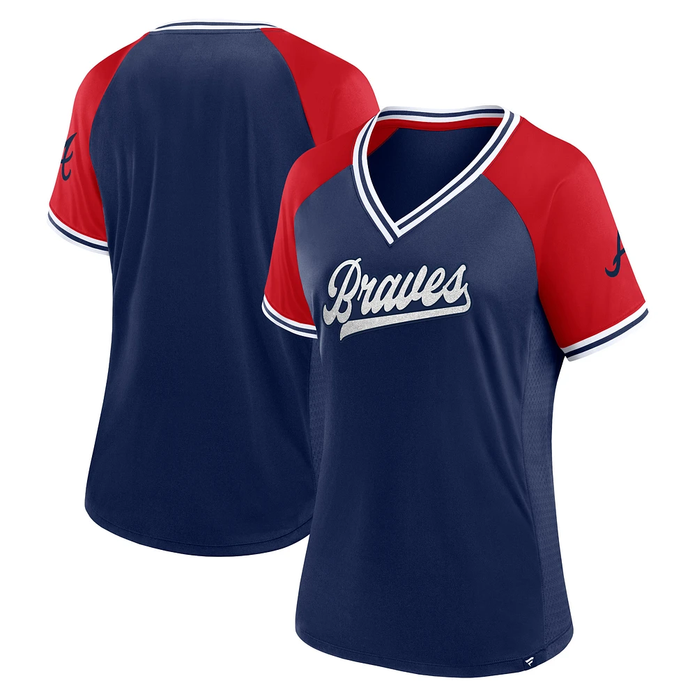 T-shirt à col en V Fanatics pour femmes, bleu marine, Atlanta Braves, Glitz & Glam League Diva Raglan