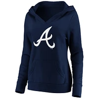 Women's Fanatics Navy Atlanta Braves Official Logo Crossover V-Neck Pullover Hoodie
